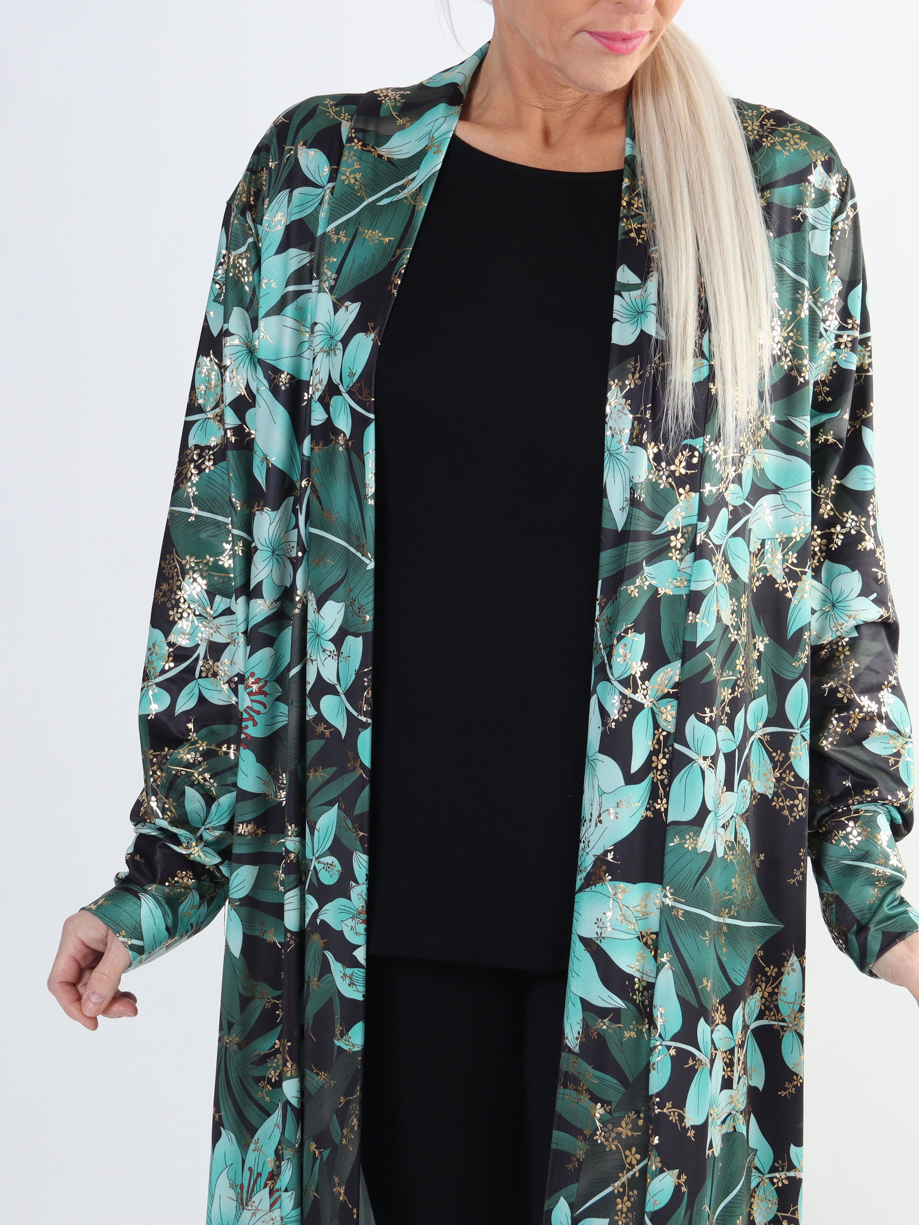 Mikkala Gold Flower - Elastisk plus size cardigan med print